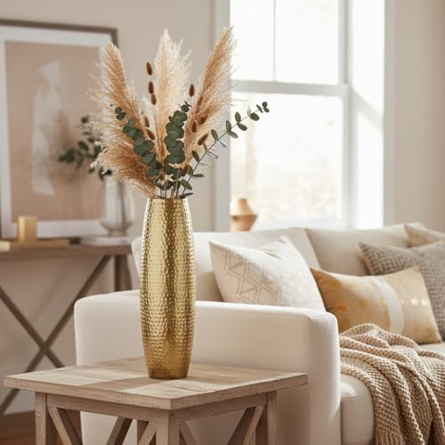 Image of RIZIK STORE Hammered Gold Metal Floor Flower Pot /Vase - 24.2 Inch Tall Round Decorative Vase for Living Room, Modern Minimalist for Dried Flowers, Antique Home Decor Accent (Gold)