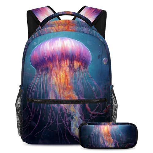 Cartable esthétique méduse violette avec trousse grand sac à dos bleu océan pour étudiants
