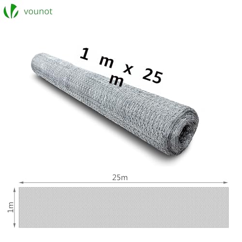 VOUNOT® Maschendrahtzaun Sechseckgeflecht, Drahtzaun Hasendraht Kaninchendraht Hühnerdraht, Maschenweite 25 mm, Höhe 100 cm, Länge 25 m, Verzinkt Silber