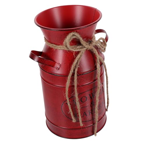 ULDIGI Vintage Metall Blumentopf Deko Eimer Im Landhausstil Für Trockenblumen Rustikale Zierkanne Mit Doppelgriffen Roter Shabby Chic Pflanzgefäß Vase Für Wohnzimmer Tischdekoration