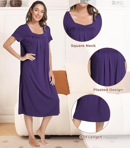 Image of NACHILA Women's Bamboo Viscose Nightgown Cooling Short Sleeve Sleepshirts | Tagless design, Stretchy nightshirt, Anti-pilling, Shrink-resistant, Lightweight moisture-wicking sleepwear for night sweats
