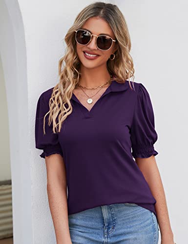 Micoson Womens Blouses For Work Professional Collar V Neck T Shirts Short Sleeve Polo Tops, Dark Purple S #TOP4