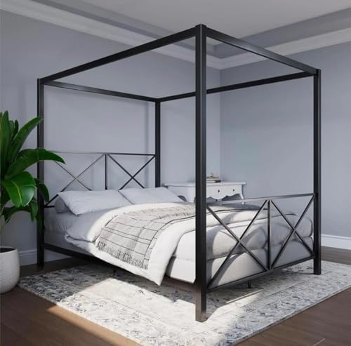 Image of Metal King Size Poster Bed Without Storage | Wrought Iron Canopy King Poster Bed Frame with Headboard & Footboard | Cot Without Storage | Metal Furniture for Bedroom, (Design 3-Black)