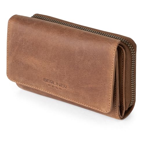 BERLINER BAGS Vintage Genuine Leather Wallet Vienna, RFID Blocking Credit Card Holder, Trifold Clutch Purses, Zip Around Womens Wallet for 19 cards, ID window, Bills, Coins - Brown