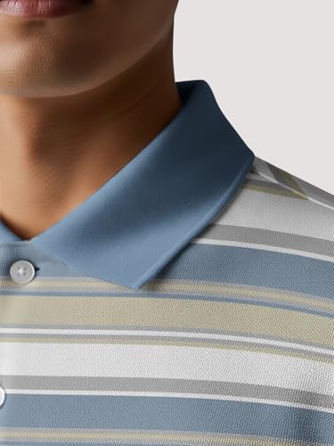 Image of BULLMER White Striped Printed Polo Neck Fullsleeve Tshirt with Rib for Men.