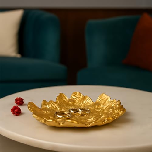 Image of MARKET 99 Golden Embossed Platter | Glossy Aluminium Decorative Dish for Tabletop, Gifting & Festival Display | Designer Tray for Home Decor, Weddings & Celebrations