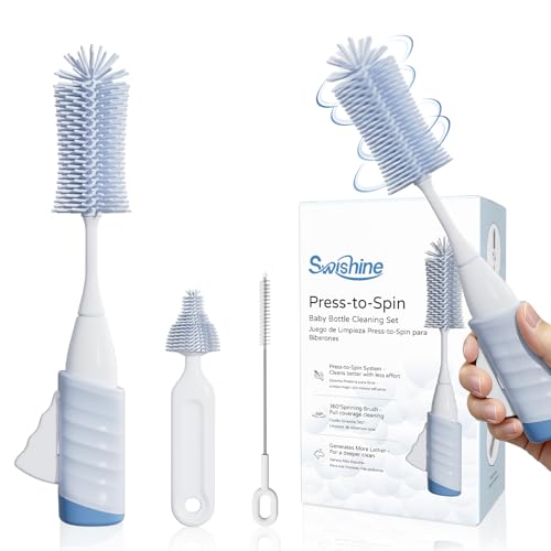 Swishine Baby Bottle Brush Set Innovative Efficient Press-to-Spin Brush Cleaner - Includes Silicone Bottle Brush Nipple Brush Straw Cleaner - Spinning Generates Rich Foam for Deep Cleaning Blue