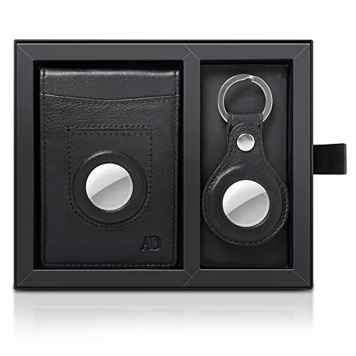 Genuine Leather Money Clip Air Tag Holder Bifold Wallet and AirTag Key Chain Holder Gift Set Comes in Gift Box - Air Tag NOT Included