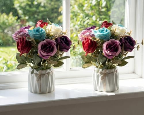 Image of Dekorly Artificial Lavender Plant in White Pot, 18cm - Realistic Faux Flower Arrangement for Home & Office Decor (Set of 1) (2, Big Rose)