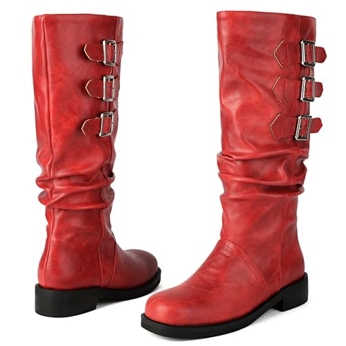 KysBloes Knee High Buckle Boots for Women Flats Riding Boots Sqaure Toe Slouch Boot Low Heel Biker Moto Gothic Shoes2