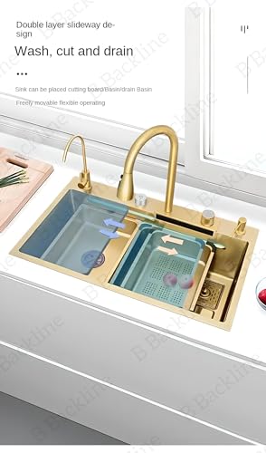 Image of B Backline Kitchen Sink SS 304 Grade Modular Sink With Pull-Down Faucet and Rainfall Mode,RO Mineral Water Tap, Glass Washer, Fruit Basket, Chopping Board, Kitchen Sink 30 inch X 18' inch X 9 inch Inches (Gold)