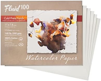 Fluid 100 Watercolor Paper, 11 x 14 Pochette, 8 Sheets, 140 lb (300 GSM) 100% Cotton Cold Press for Artist Painting and Wet Media