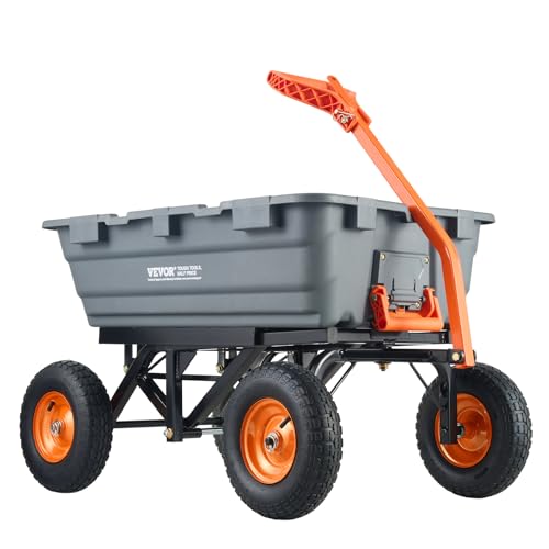 VEVOR 1500lbs Poly Garden Dump Cart Wheelbarrow Wagon with 2 in 1 Convertible Handle, Heavy Duty Yard Cart Wagon for with 13in All Terrain Wheels, Dump Trailer Tow Behind for Lawn Mower Tractor