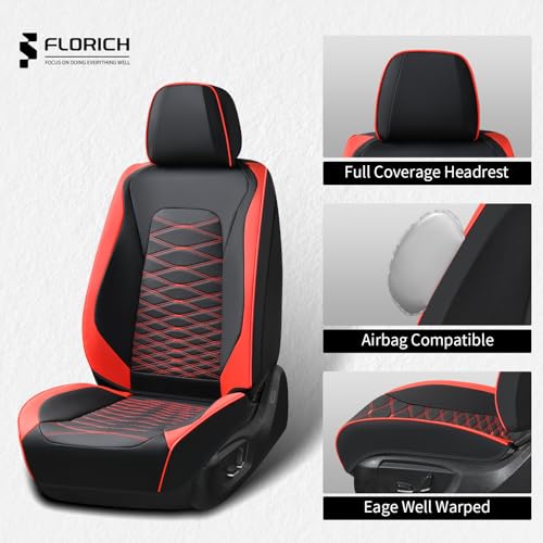 Image of FLORICH Leather Seat Covers, Car Seat Covers Full Set, Car Seat Protector Waterproof, Front and Rear Seat Covers for Cars, Automotive Seat Covers Universal Fit for Most Cars SUV Truck - Red&Black