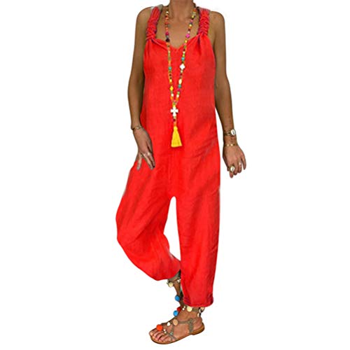 BSTEle Women's Jumpsuits Plus Size Wide Leg Loose Cotton Linen Baggy Overalls Red