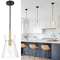 Emak Black and Gold Pendant Light Fixtures, 9 Inch Clear Glass Pendant Lights Kitchen Island, Modern Farmhouse Large Hanging Lights for for Kitchen, Dining Room, Bathroom, PL130-BKBGD-CG