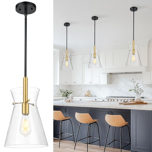 Emak Black and Gold Pendant Light Fixtures 9 Inch Clear Glass Pendant Lights Kitchen Island Modern Farmhouse Large Hanging Lights for for Kitchen Dining Room Bathroom PL130-BKBGD-CG
