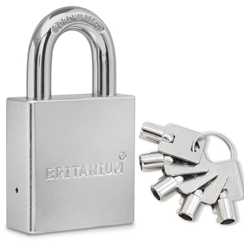 Britanium® SFL60, Candado de Alta Seguridad, Arco de Aleación de Boro, Acero Cromado, Resistente a Cortes, Antióxido, Impermeable, Para Puerta, Garaje, Verja, Trastero, Cobertizo, 5 Llaves