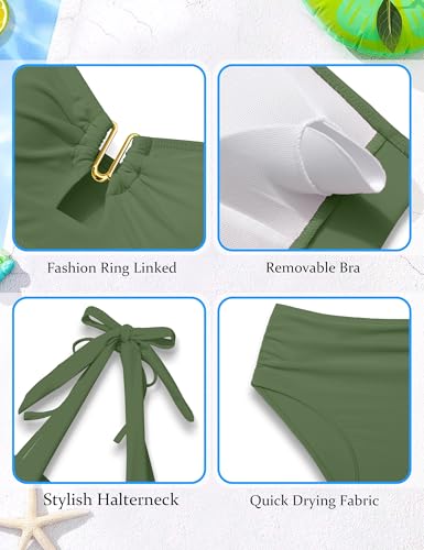 Image of BAVADER Girls Swimsuit 2 Piece Halter Bikini Set V-Neck Cutout Solid Bathing Suit Padded High Waisted Swimwear 9-16Y
