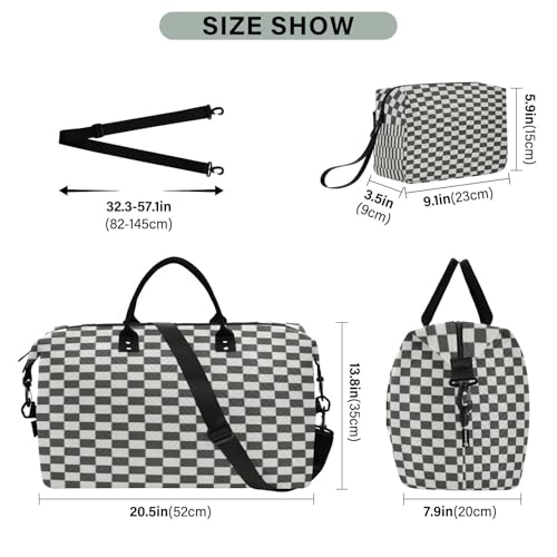 ​​Large Foldable Travel Duffel Bag, Waterproof Gym Bag for Men & Women, Carry-On Luggage Weekender Overnight Bag, Checkered Black White3
