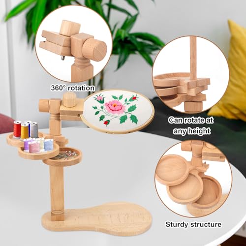 Image of Embroidery Hoop Stand, Rotated Wooden Embroidery Holder Adjustable Rotatable Cross Stitch Stand for Embroidery Sewing Needlework Projects (Embroidery Hoop Not Included)