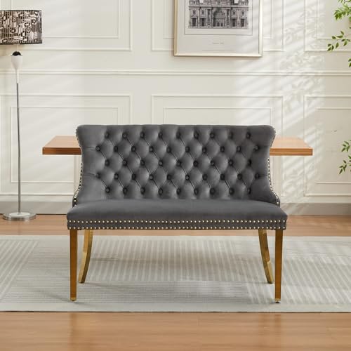 Image of 45.6''Velvet Dining Bench, Button Tufted Upholstered Dining Table Bench with Wing Highback, Nailhead Decoration, Small Loveseat Sofa with Gold-Plated Steel Legs, Mid Century Modern Seating, Grey
