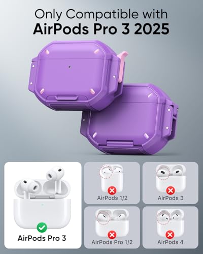 Image of MoKo for AirPods Pro 3 Case with Secure Lock - IP68 Waterproof Case for iPods Pro 3, Military-Grade Protective Cover Earpods Pro 3 with Keychain, Phone Stand & Cleaner Kit, Purple