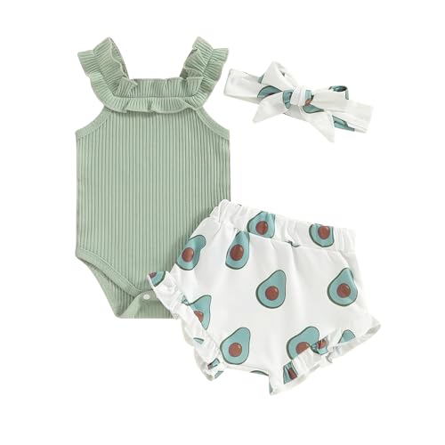 Image of fhutpw Baby Girl Clothes Summer Spaghetti Strap Romper Floral Shorts Sets | 3Pcs Infant Clothing, Ribbed Knit Bodysuit, Sleeveless Camisole, Ruffle Shorts, Photography Outfits, 3-6 12-18 Months