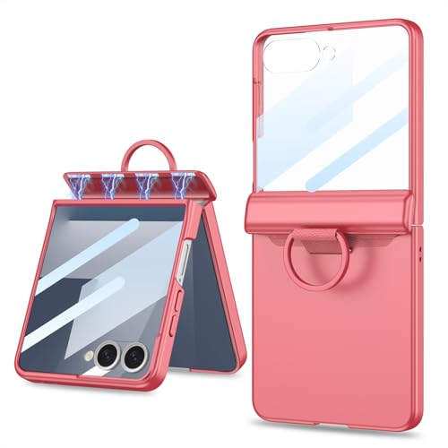 Image of Midkart Ring Case Compatible with Samsung Galaxy Z Flip 7 Release 2025 Magnetic Hinge Protection Ring Holder Hard PC with Front Glass Cover 360-degree Protection, Coral Red