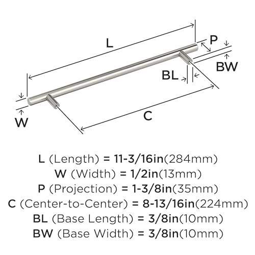 Image of Amerock 8-13 /16 inch Bar Pulls Polished Nickel Drawer Pull | 8-13 /16 inch (224mm) Center-to-Center Mounting Distance and 11-3 /16 inch Overall Length, Durable Carbon Steel Cabinet Hardware