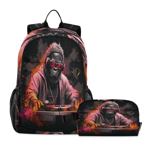 LINNIKEEEE Bella Musica Dj Gorilla Set Zaino per Studenti Borsa per Il Pranzo,Borsa Scuola Leggera Resistente per Ragazzi Ragazze