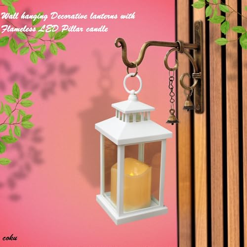 Image of Coku LT-22 Vintage LED Candle Lantern with LED Pillar Candle, Battery Operated Wall Hanging Lamp Decorative Lantern, Flameless Antique Glass Candle Holder for Home Decor, Diwali (White, Pack 1)