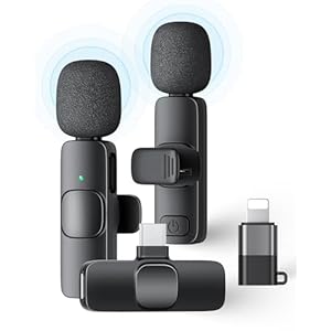 2 Pack Wireless Lavalier Microphone for iPhone iPad and Android Phone, Lapel Mic Plug and Play Wireless Mic Noise Reduction Microphone for Video Recording Interview Podcast Vlog YouTube Tiktok