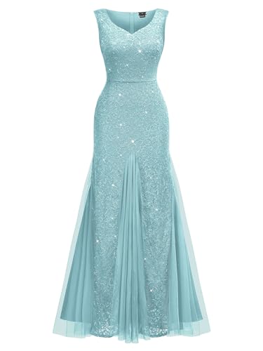 Image of Miusol Women's Elegant V Neck Sleeveless Sequin Lace Evening Party Dress
