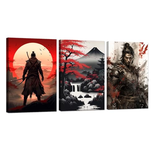 Poster Samouraï déco murale 3 pièces triptyque toile Bushido rouge noir