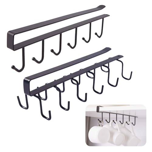 LIUCONGBD 2 Stück Tassenhalter unter Schrank, 6/12 Haken Küchen Organizer ohne Bohren, Mutifunctional Aufbewahrung Tassenhaken unter dem Regal für Restaurant Coffee Shop Bar Küchenutensilie