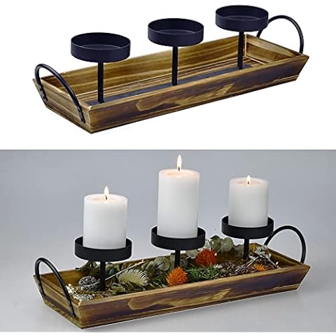 3 Black Metal Candle Holders with Rectangular Solid Wood Tray and Handles for Pillar Votive Candles in Indoor Outdoor Wedding Home Decor Dinner Centerpiece Cover