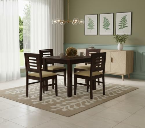 Image of AS Arts Sheesham Wood Dining Table Set of 4 | Compact 4 Seater Wooden Dining Set for Home & Dining Room | Solid Wood Dining Table with Cushioned Chairs | Dark Walnut Finish