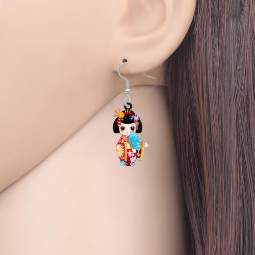 RAIDIN Boucles d'oreilles pendantes en acrylique mignonnes et traditionnelles - Poupée japonaise Kokeshi - Cadeau pour femmes - Bijoux japonais de kimono pour fans d'anime - Cosplay - Décorations de – vue 2