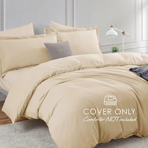 Image of Hearth & Harbor Beige Cream Duvet Cover with Fitted Sheet Cal King Size | 4 Piece Soft Double Brushed Bedding Set, Button Closure, 1 Duvet Cover 104x98 Inches, 1 Fitted Sheet, 2 Pillow Shams