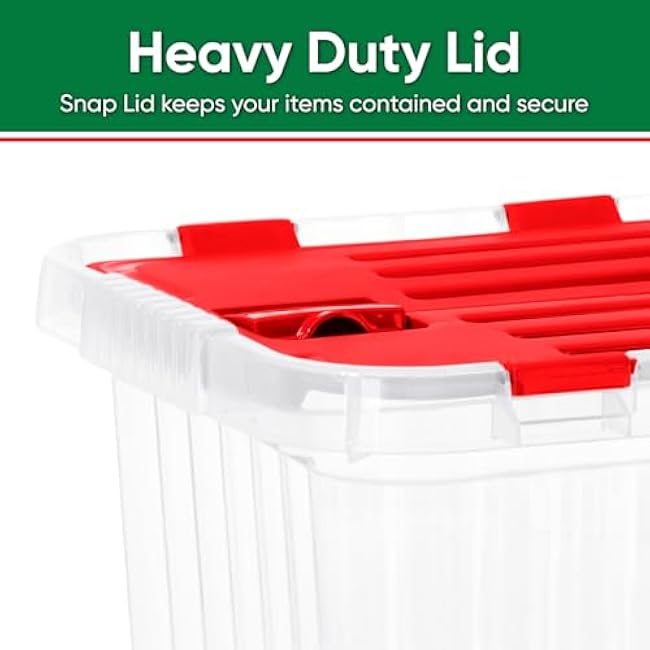 Superio Christmas Storage Box with Red Hinged Lids, Plastic Container Bins for Organizing with Attached Lid, Stackable Crates, BPA Free, Organizers for Home, Office, and Dorm (17x11.65x8.75)