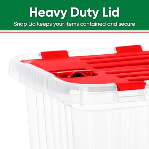 Image of Superio Storage Box with Hinged Lids, Plastic Container Bins for Organizing with Attached Lid, Stackable Crates, BPA Free, Organizers for Home, 19 Quart (Clear with Red Lids, 17 inchx11.65 inchx8.75 inch)