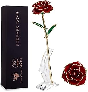 valentines gifts for her,Long Stem 24k Gold Dipped Rose Lasted Real Roses with Stand, Romantic Gift for valentines gifts/Mothers Day/Birthday (Red)