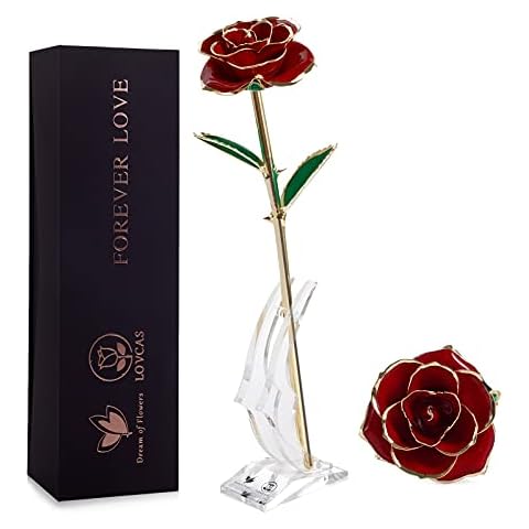 valentines gifts for her,Long Stem 24k Gold Dipped Rose Lasted Real Roses with Stand, Romantic Gift for valentines gifts/Mothers Day/Birthday (Red) Cover