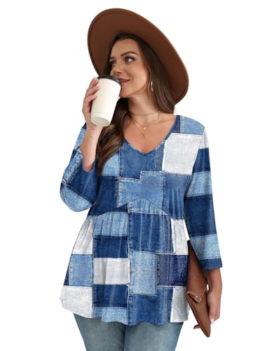 Image of OFEEFAN 3 /4 Length Sleeve Womens Tops 2026 Blouses for Women Dressy Casual Fashion Clothing V Neck Babydoll Tops Fall Outfits