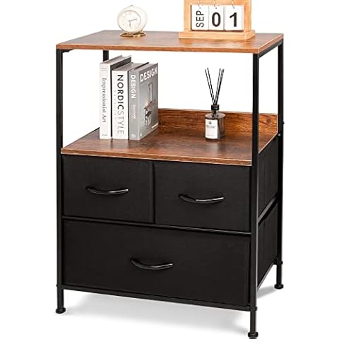 CONNOO Nightstand Dresser with 3 Drawers, Organizer Unit Storage Shelf for Bedroom, Hallway, Hotel, Closet, 2 Wooden Tabletops, Easy Pull Fabric Bins, Sturdy Steel Frame Cover