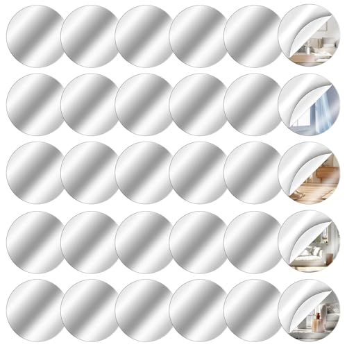LIQWEI Lot de 30 miroirs ronds autocollants - 5 x 5 cm - Mini miroir mosaïque acrylique - Petit miroir rond flexible - Pour bricolage, mur, table, cuisine, salle de bain
