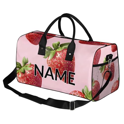 Personalized Fruit Strawberry Travel Duffel Bag with Name, Custom Gym Sport Bag Green Leaf Summer Carry On Weekend Overnight Duffel Bag for Men Women2