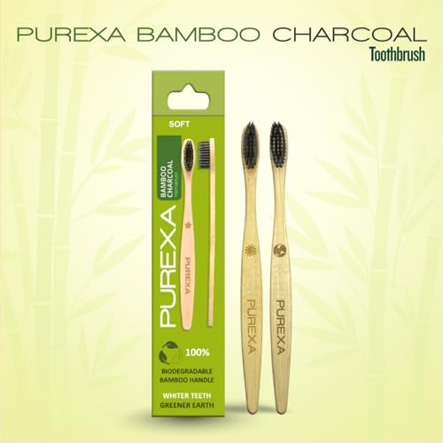 Image of Bamboo Toothbrush with Activated Charcoal Soft Bristles | BPA-Free Eco-Friendly Biodegradable Wooden Tooth Brush for Adults & Kids (Pack of 2)