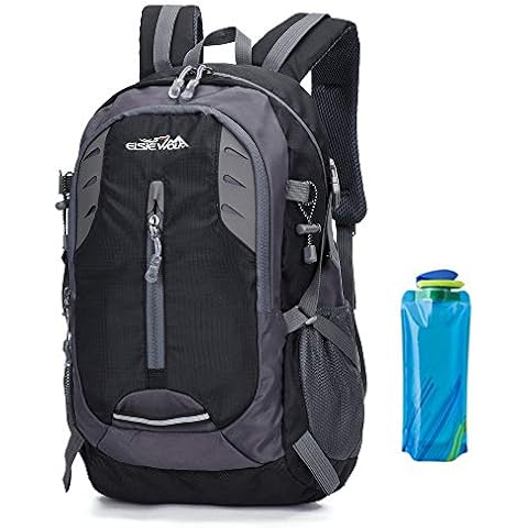 A AM SeaBlue Hiking Backpack 30L Trekking Rucksack Waterproof Outdoor Climbing Camping Mountaineering Daypack Lightweight Travel Laptop Bag For Mens Women with Water Bottle (1-Black) Cover